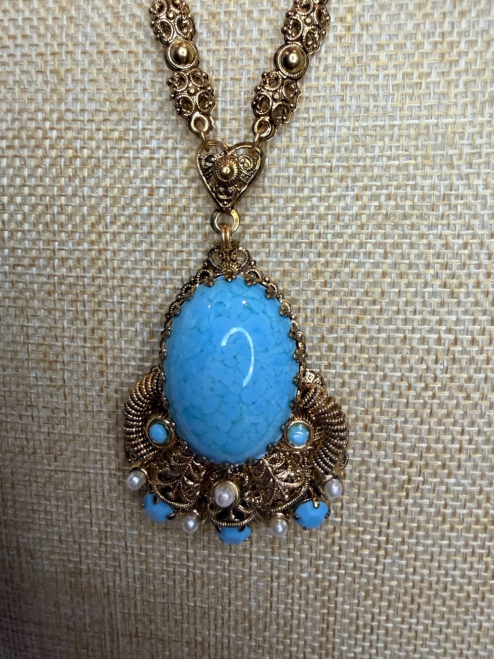 Vintage West Germany Blue Cabachon and Pearl Set in Gold Filigree Necklace